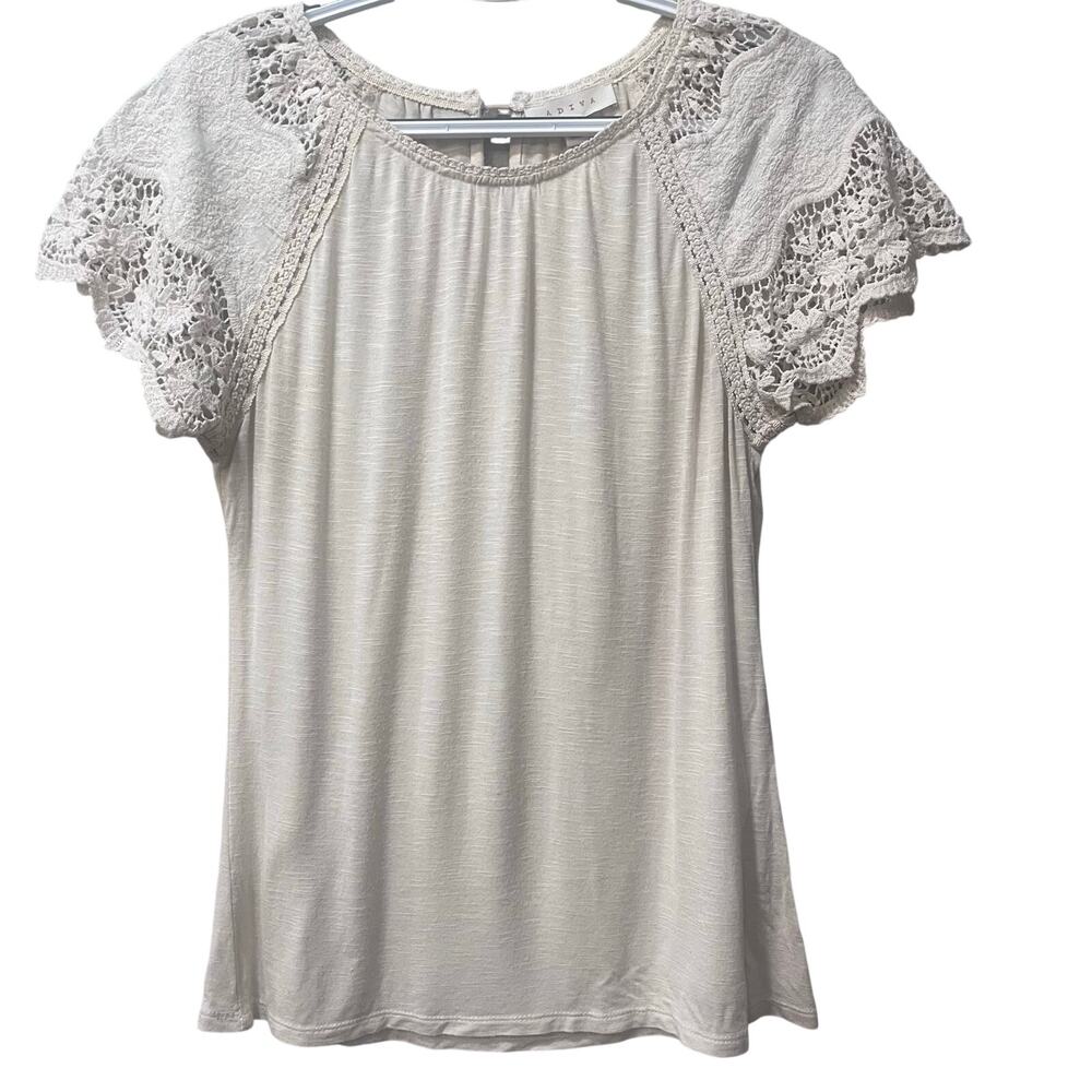 Adiva Women's Crochet Short Sleeve Keyhole Back Cream Blouse Small